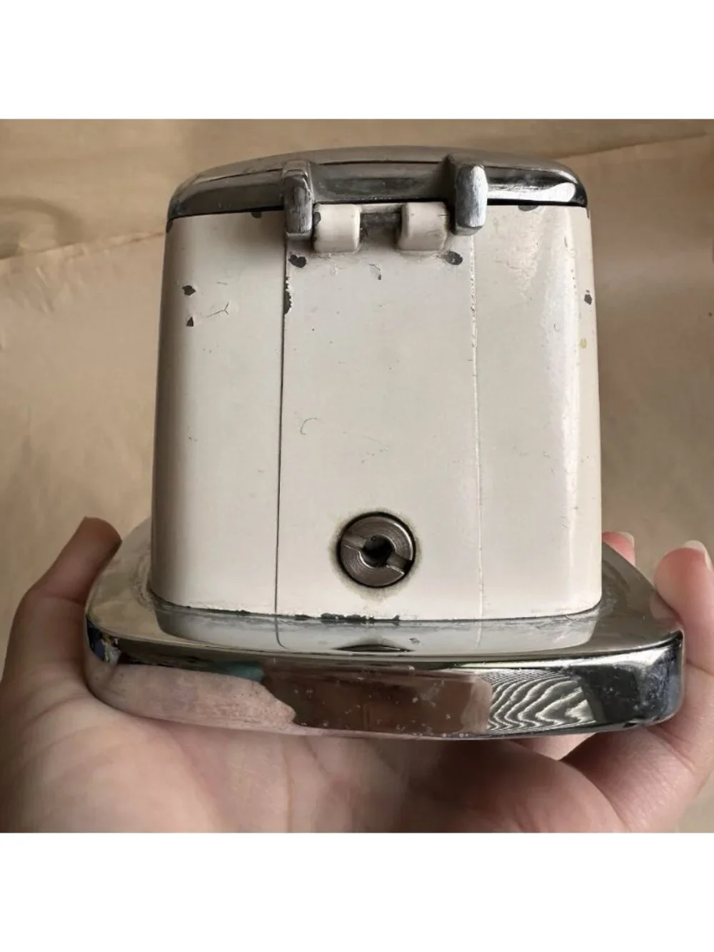 Vintage Counter Top Ice Crusher Hand Crank MCM Retro Kitchen Ivory Black Silver